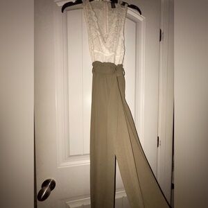 Olive and white maxi jumpsuit with tie waist and lace top #jumpsuit